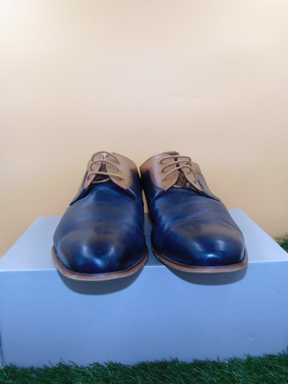 Stacy Adams Mens Size 13 Two-Tone Navy Blue Tan Leather Oxford Derby Dress Shoes